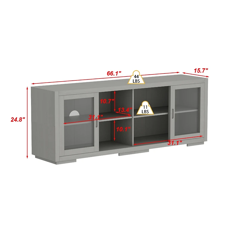 Solid Wood Tv Stand with 4 Sliding Tempered Glass Doors,Media Console