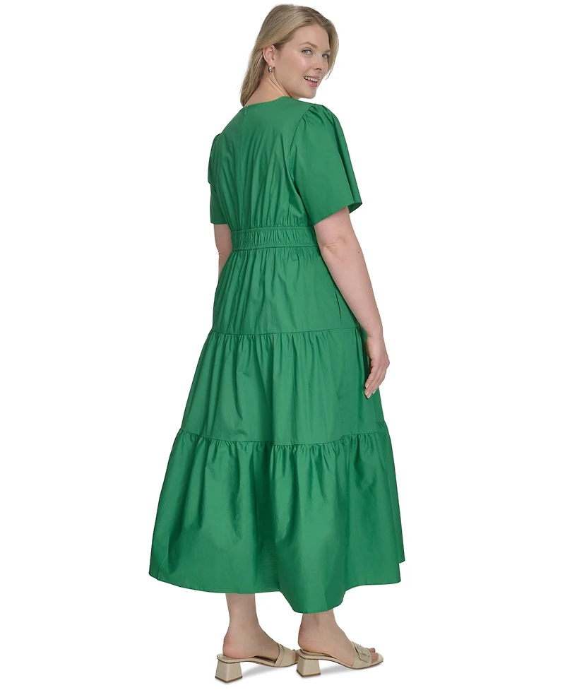 Jessica Howard Plus Size Cotton Tiered Split-Neck Maxi Dress