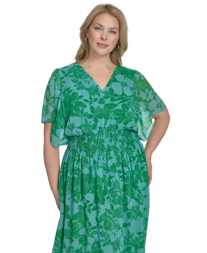 Jessica Howard Plus Size Printed Chiffon Flutter-Sleeve Maxi Dress