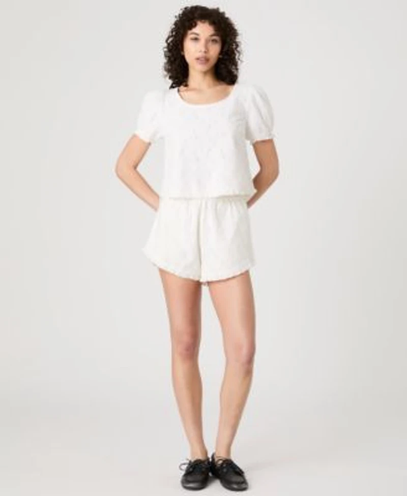 French Connection Womens Eyelet Puff Sleeve Top Eyelet Ruffle Hem Shorts