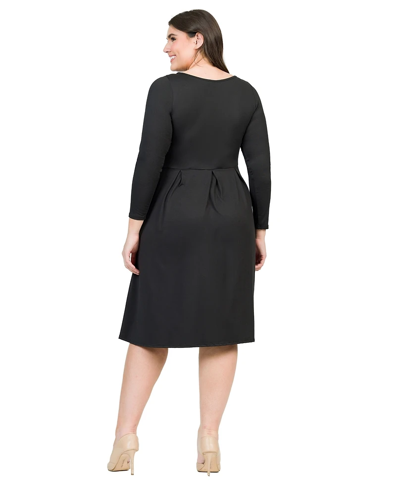 24seven Comfort Apparel Plus Long Sleeve Fit and Flare Midi Dress