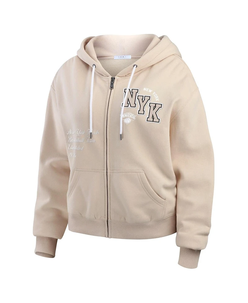 Wear by Erin Andrews Women's Cream New York Knicks Plus Tonal Felt Patch Full-Zip Hoodie