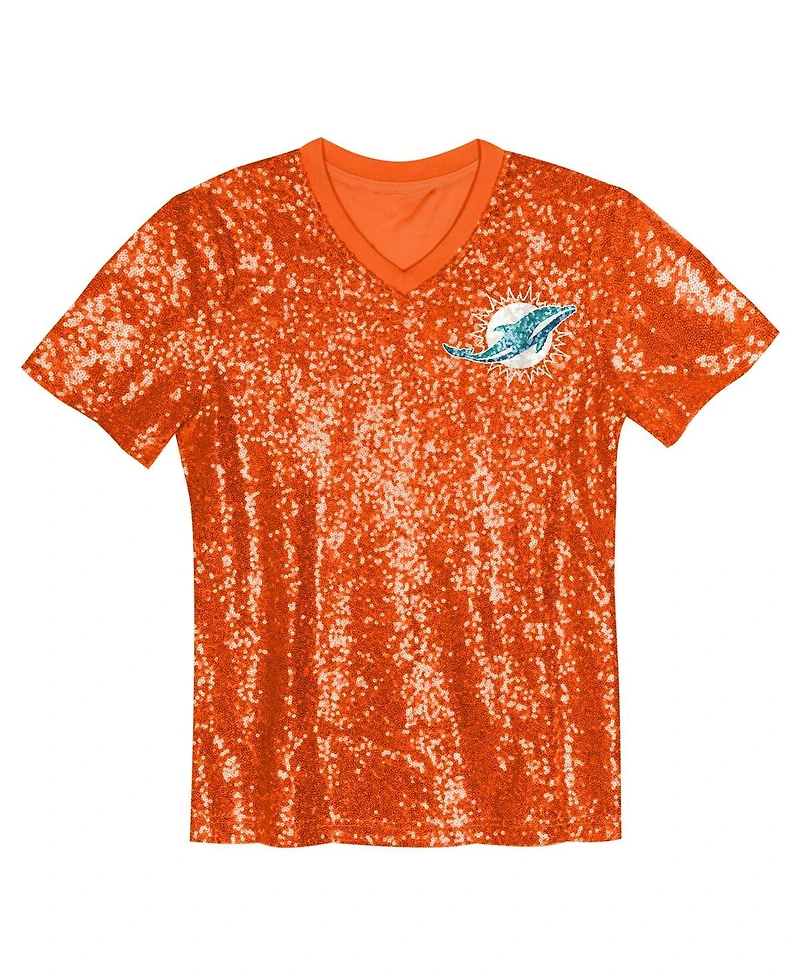 Outerstuff Big Girls Orange Miami Dolphins Wordmark Sequin V-Neck Top