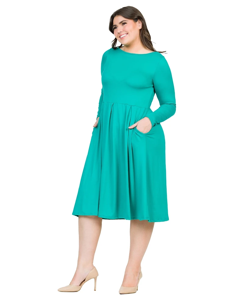 24seven Comfort Apparel Plus Long Sleeve Fit and Flare Midi Dress