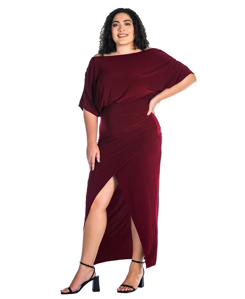 24seven Comfort Apparel Plus Boat Neck Batwing Sleeve Slit Maxi Dress