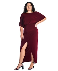 24seven Comfort Apparel Plus Boat Neck Batwing Sleeve Slit Maxi Dress