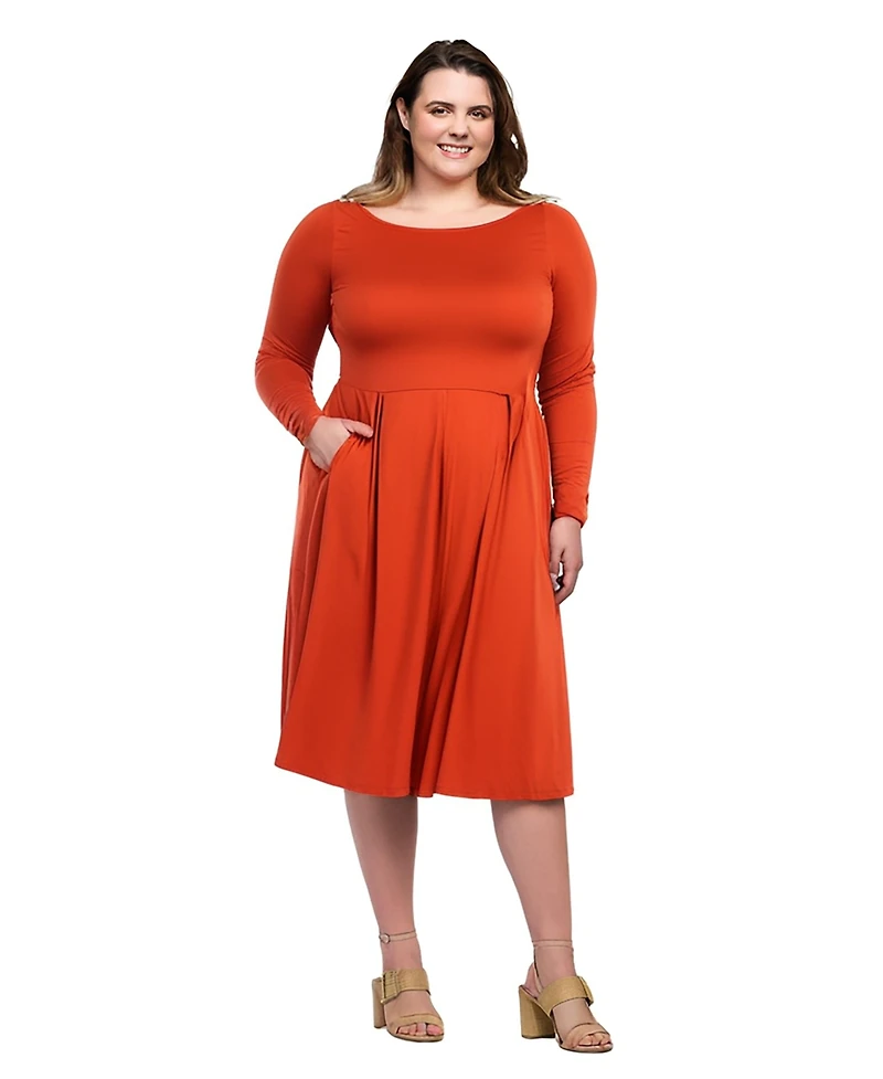 24seven Comfort Apparel Plus Long Sleeve Fit and Flare Midi Dress