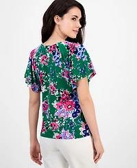 Ak Anne Klein Petite Printed V-Neck Flutter-Sleeve Top
