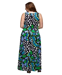 24seven Comfort Apparel Plus Print Scoop Neck A-Line Sleeveless Maxi Dress