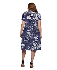 24seven Comfort Apparel Plus Print Short Sleeve Knee Length V-Neck Wrap Dress