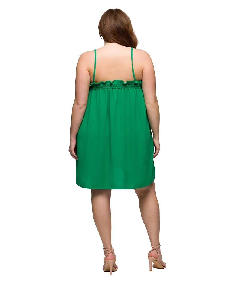 24seven Comfort Apparel Plus Square Neck Spaghetti Strap Smocked Pocket Mini Dress