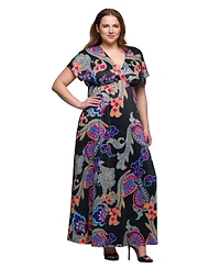 24seven Comfort Apparel Plus Size V-Neck Empire Waist Cap Sleeve Maxi Dress