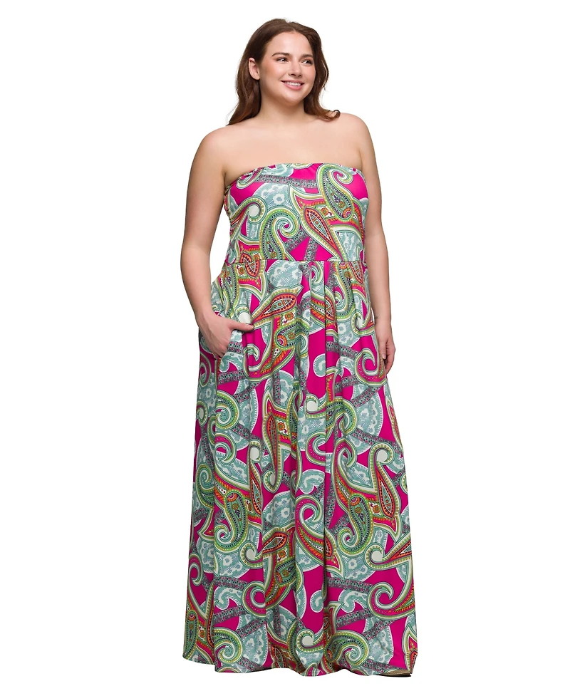 24seven Comfort Apparel Plus A-Line Strapless Maxi Dress with Pockets