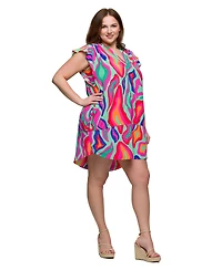 24seven Comfort Apparel Plus Size Print V-Neck Cap Sleeve Knee Length Pocket Dress