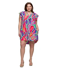 24seven Comfort Apparel Plus Size Print V-Neck Cap Sleeve Knee Length Pocket Dress