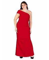 24seven Comfort Apparel Plus Formal One Shoulder Ruched Mermaid Maxi Dress