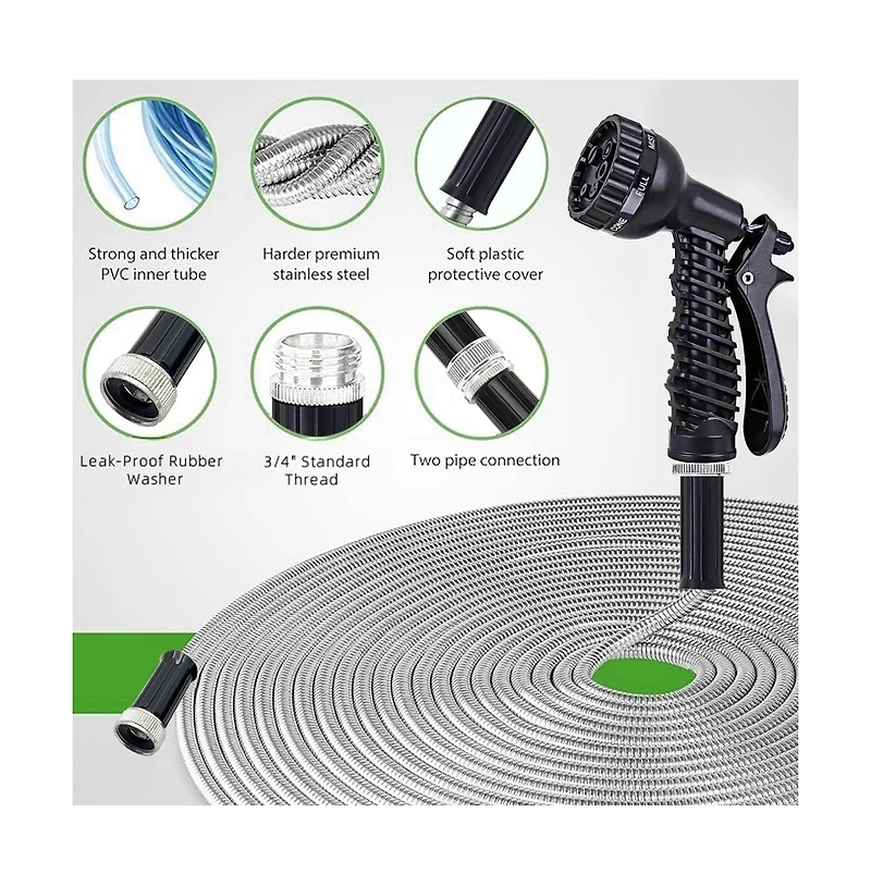 Garden Hose Stainless Steel Heavy Duty Water Hose No-Kink Rust Proof for Yard Outdoor 100ft