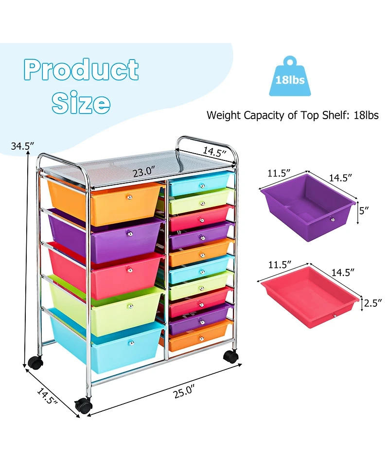 15-Drawer Utility Rolling Organizer Cart with Multi-Use Storage