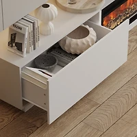 Tv stand with two drawers, retractable media console, white wooden entertainment center