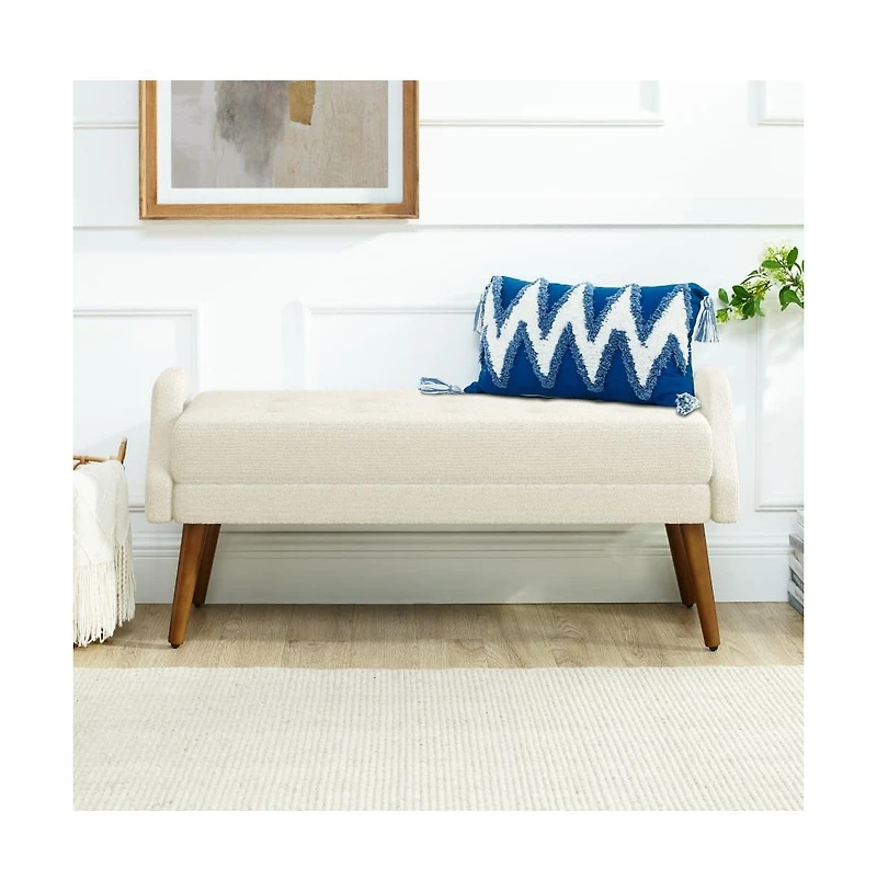 Modern Upholstered Bench with Looped Yarn Fabric and Rubber Wood Legs for Living Room or Bedroom-The Pop Home