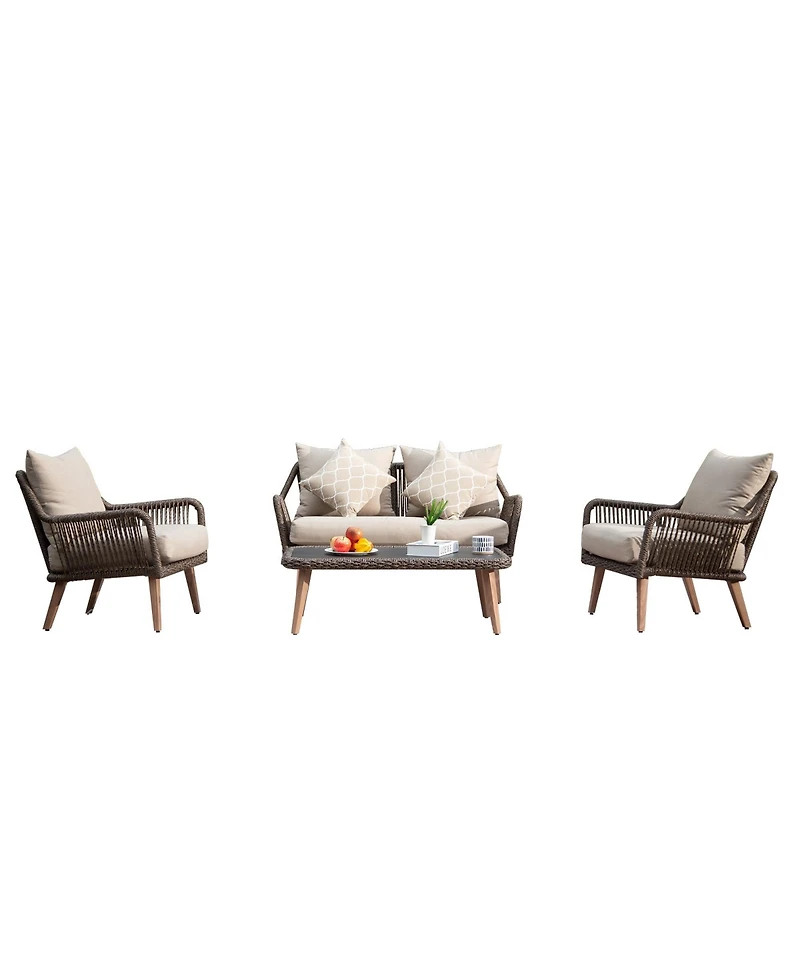 Patio Conversation Sets 4-Pieces, Handwoven Rattan Wicker Aluminum Frame Outdoor Patio Set, All-Weather Modern Rope Patio Loveseat with Coffee Table f