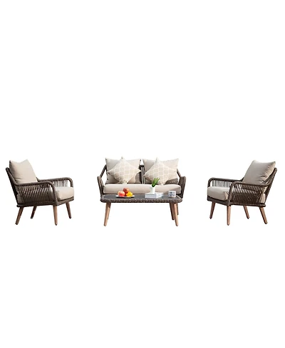 Patio Conversation Sets 4-Pieces, Handwoven Rattan Wicker Aluminum Frame Outdoor Patio Set, All-Weather Modern Rope Patio Loveseat with Coffee Table f