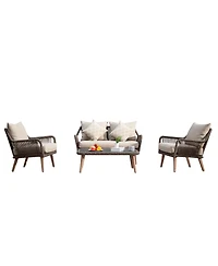 Patio Conversation Sets 4-Pieces, Handwoven Rattan Wicker Aluminum Frame Outdoor Patio Set, All-Weather Modern Rope Patio Loveseat with Coffee Table f