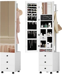 Jewelry Cabinet with 3 Drawers, Lockable Standing Jewelry Armoire
