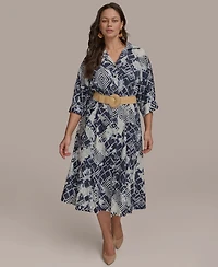Donna Karan New York Plus Printed Belted 3/4-Sleeve Shirt Dress