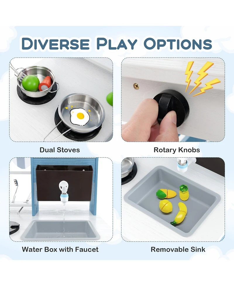 Double-Sided Wooden Play Kitchen with Stoves and Grocery Stand, Pretend Play Set