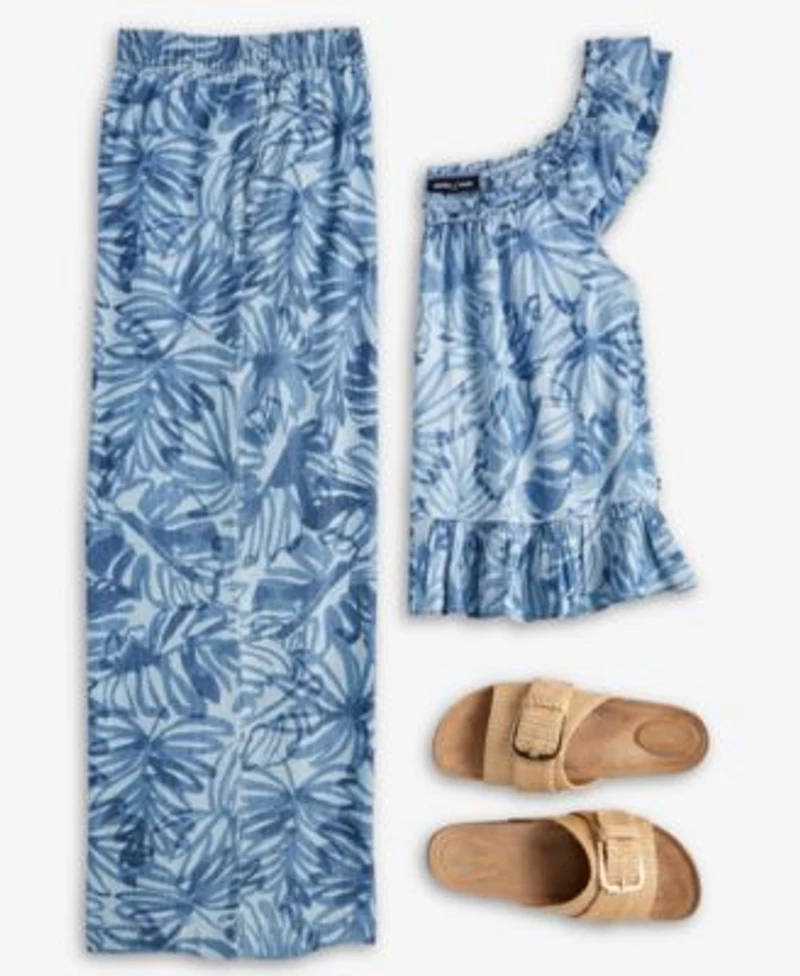 Nautica Womens Palm Print Ruffle Shoulder Chambray Top Pants