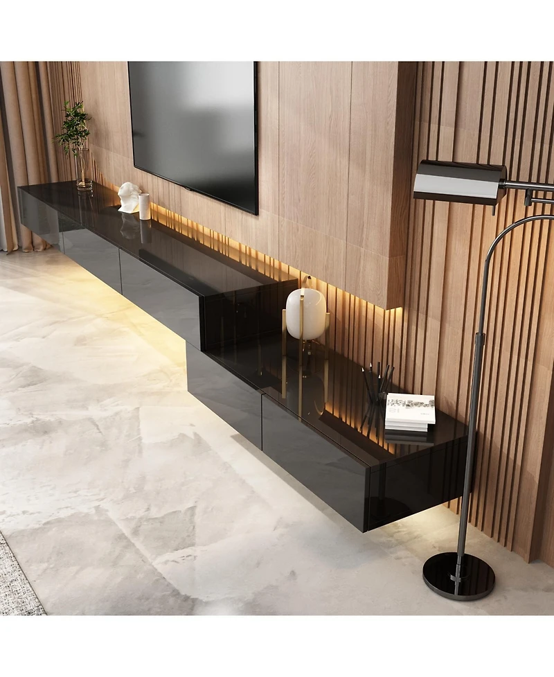 Wall-mounted Tv stand with five drawers, media console with two cabinets, entertainment center in black wood