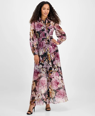 julia jordan Women's Printed Button-Front Organza Maxi Dress