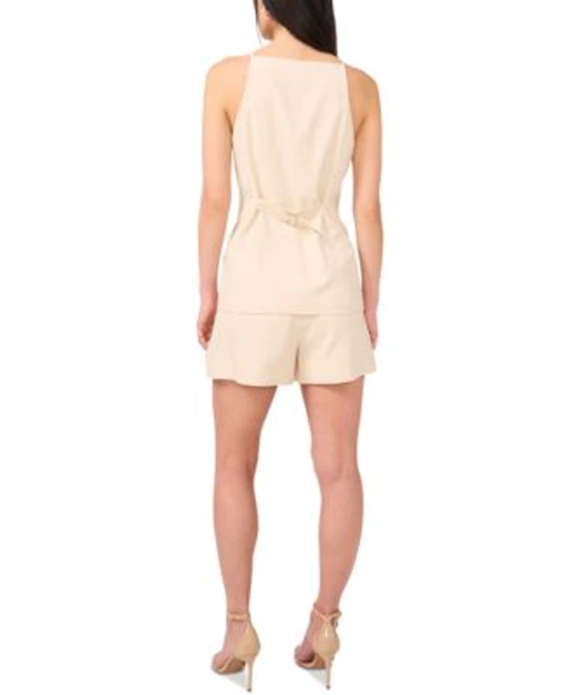 1.State Womens Square Neck Button Front Long Vest Pleated Shorts