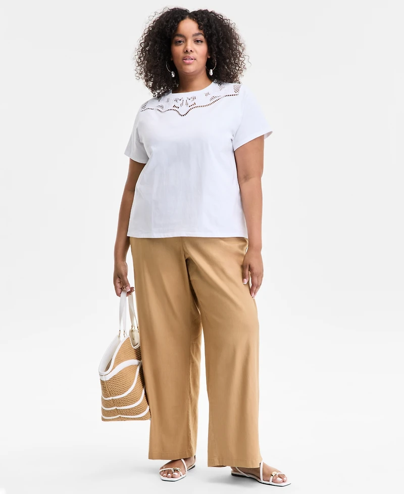 I.n.c. International Concepts Plus Cotton Lattice-Inset Top, Exclusively at Macy's