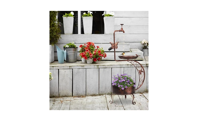Vintage Metal Garden Bird Bath with Solar Lamp and Flower Planter Pedestal Standing Bird Feeder