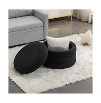 Boucle Storage Ottoman Footstool with Wooden Shelf for Living Room, Bedroom, Makeup Vanity, Entryway-The Pop Home