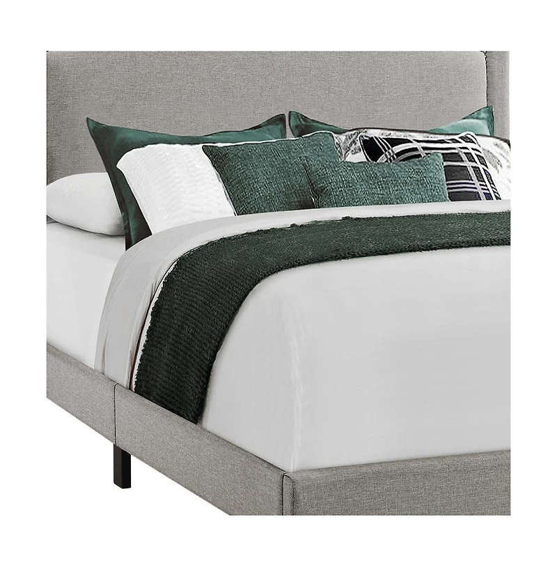 Elegant Solid Wood Bed Frame with Upholstered Linen and Nailhead Accents