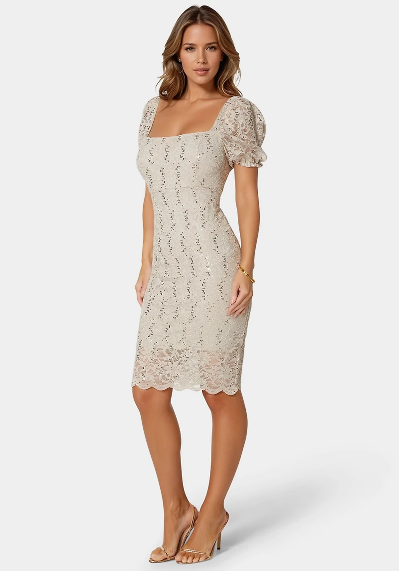 Bebe Women's Lace Slim Dress with Puff Sleeves