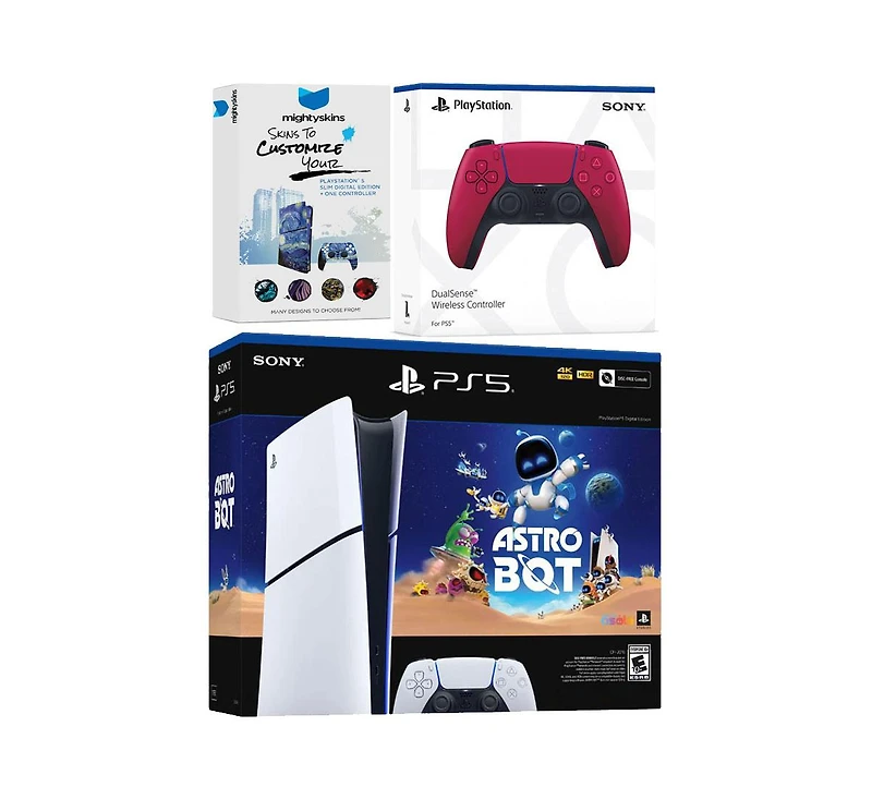 Sony PlayStation 5 Slim Digital PS5 Astro Bot Bundle with Extra Volcanic Red Controller and MightySkins Voucher