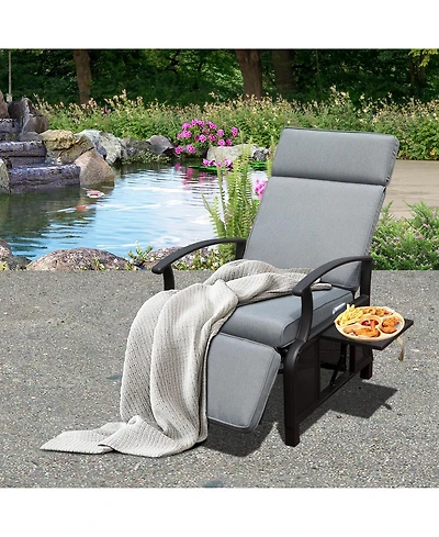 Adjustable Patio Recliner Chair Metal Outdoor Lounge Chair with Flip Table Push Back, Adjustable Angle, 6.8'' Removable Cushions, Beige