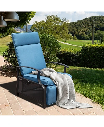 Adjustable Patio Recliner Chair Metal Outdoor Lounge with Flip Table Push Back, Angle, 6.8'' Removable Cushions, Beige