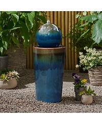 LuxenHome Glazed Blue and Brown Duo-Tone Sphere on Round Pillar Bubbler 30-Inch Tall Ceramic Fountain