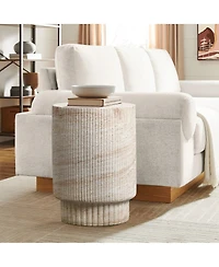 LuxenHome Travertine-Style Round Ribbed MgO Side Table