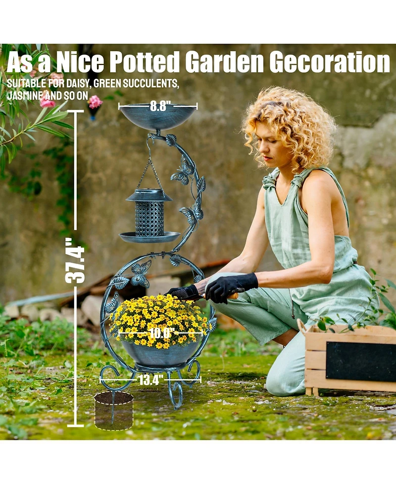 Bird Bath and Solar Feeders Combo with Flower Planter Pedestal