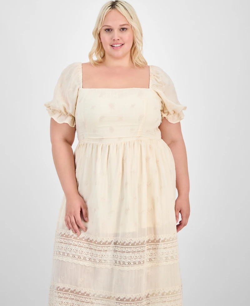 And Now This Trendy Plus Puff-Sleeve Lace-Trim Midi Dress, Exclusively at Macy's