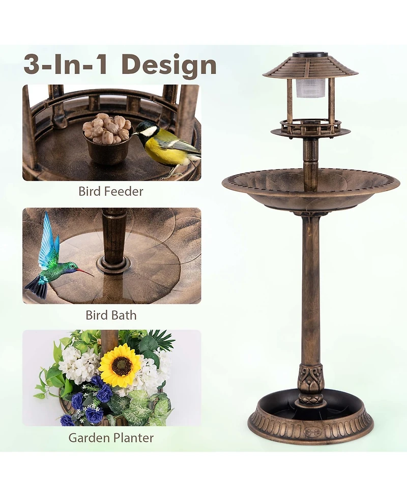 3-In-1 Pedestal Bird Bath with Solar Light Feeder & Flower Planter