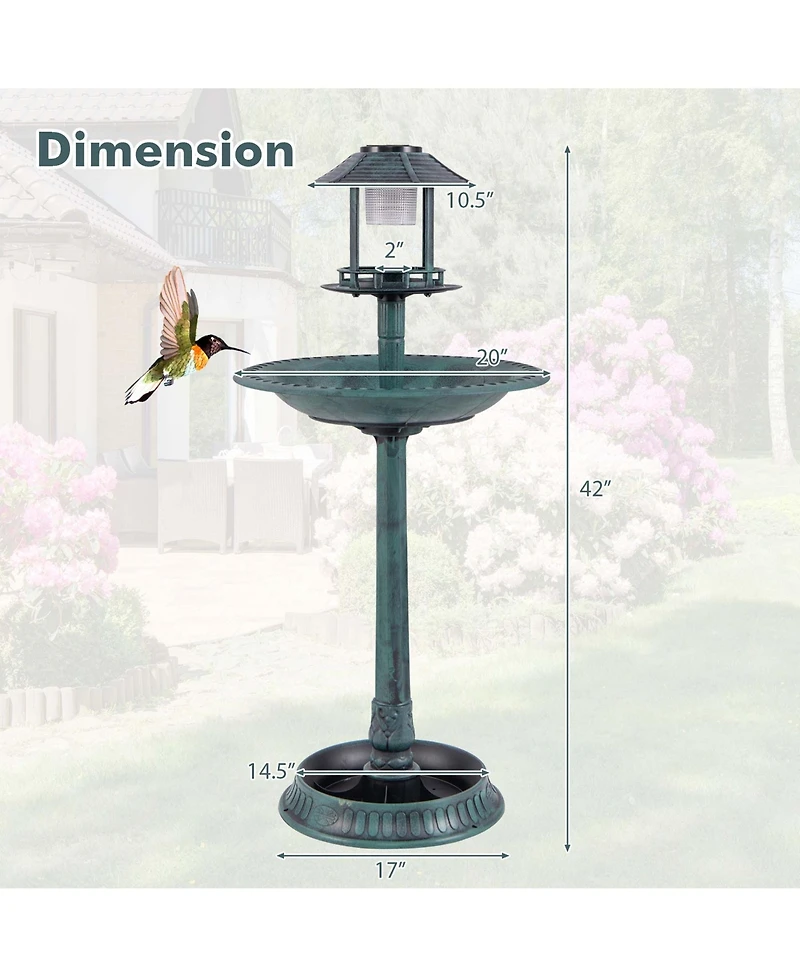 3-In-1 Pedestal Bird Bath with Solar Light with Bird Feeder & Flower Planter