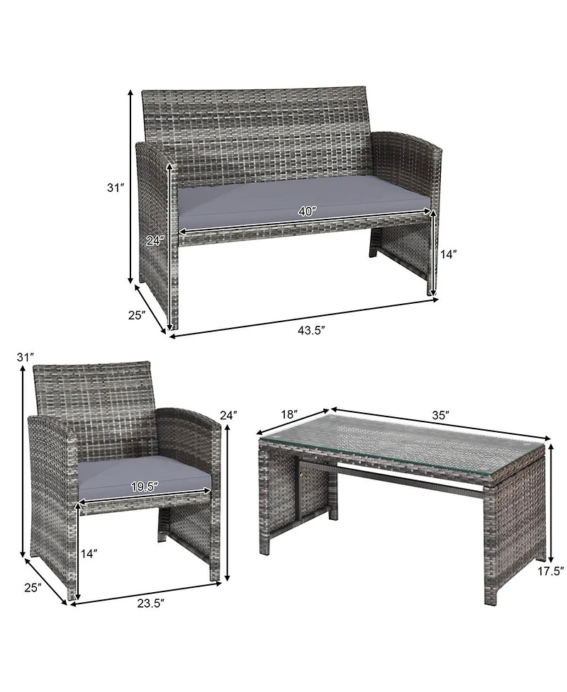 4PCS Patio Rattan Furniture Set Conversation Glass Table Top