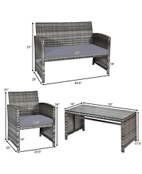 4PCS Patio Rattan Furniture Set Conversation Glass Table Top